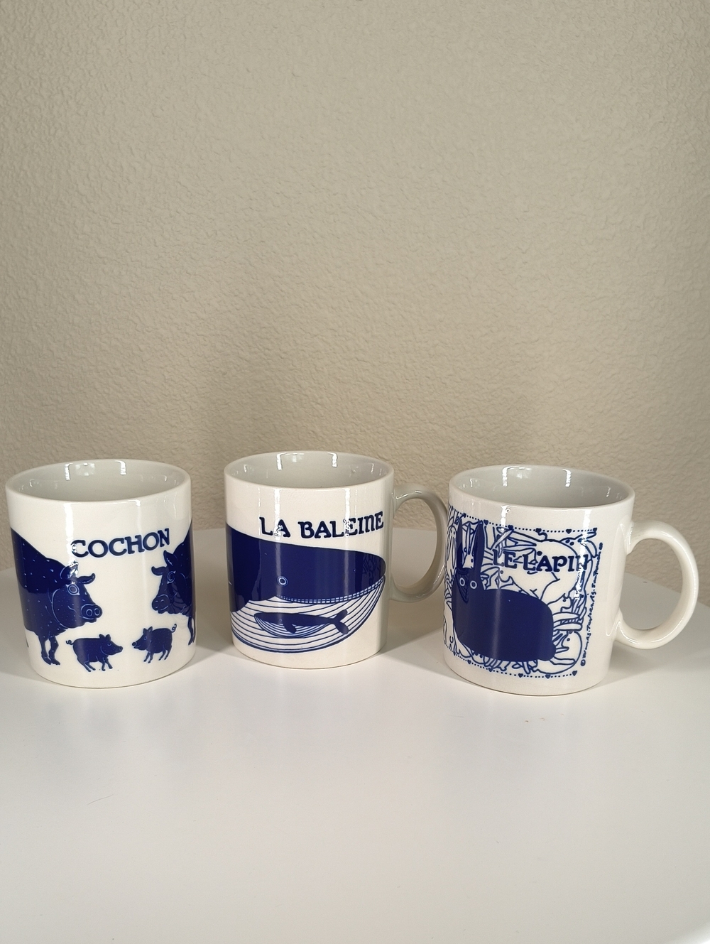 Vintage Blue and White Animal-Themed Ceramic Mugs Set Of 3